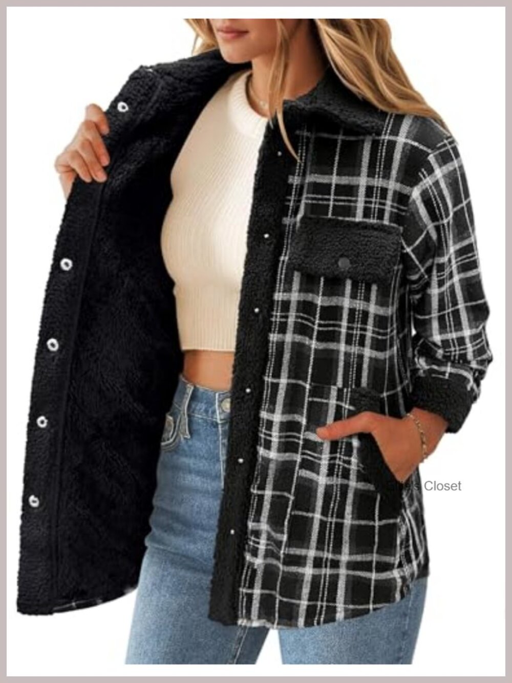 Women's Fleece Lined Plaid Flannel Jacket Sherpa Snap Button Shacket